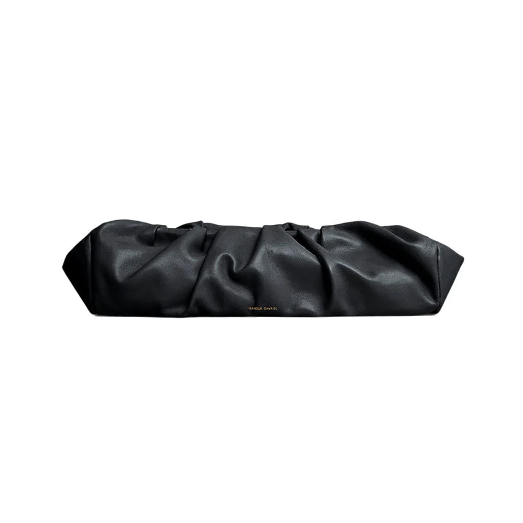 Front view of Cloud Baguette in Black showcasing its elongated silhouette and gathered lambskin on white background