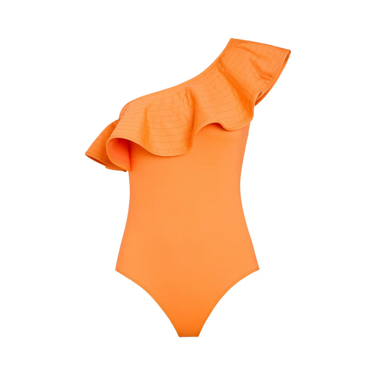 Front view of Marissa one-piece swimsuit showcasing one-shoulder ruffle with trapunto stitch detail on white background
