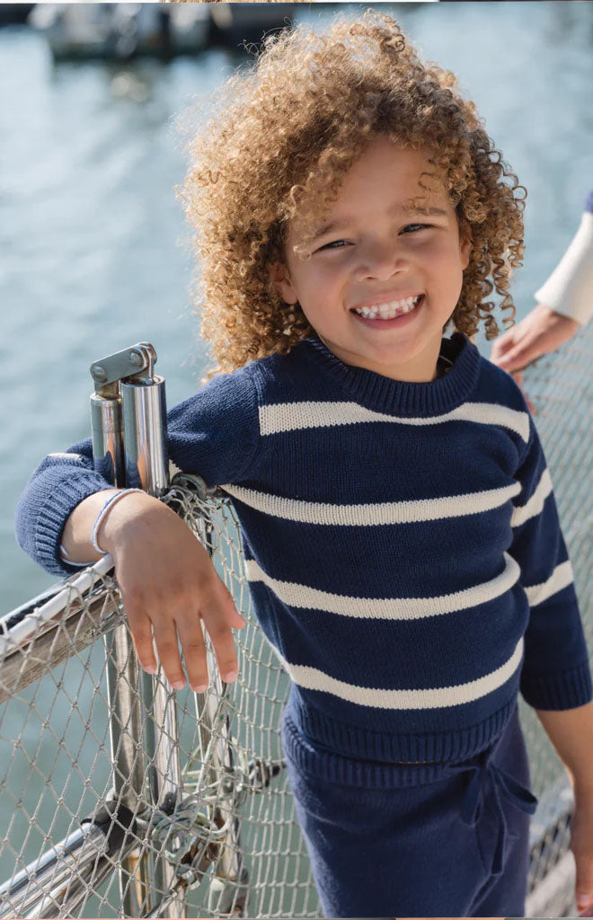 Unisex Navy And Cream Wide Stripe Knit Sweater