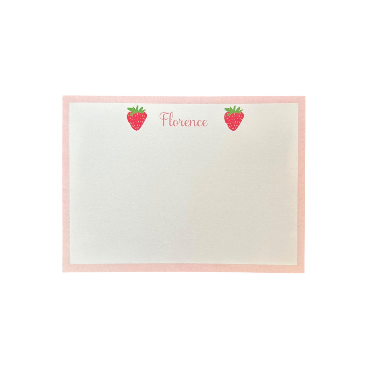 Top view of strawberry notecard personalized “Florence” showing two strawberry illustrations and a pink border on white background