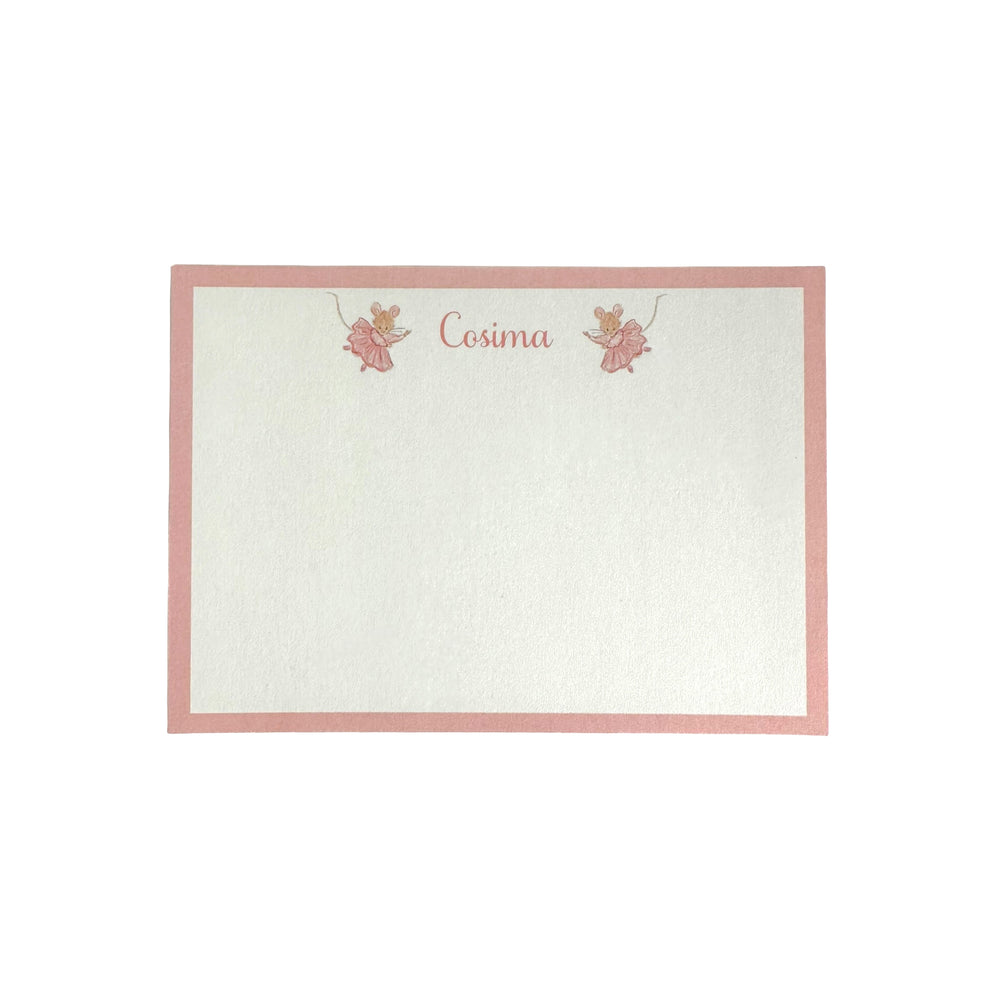 Flat lay of Prima Mouse notecard showcasing a pink border, two dancing mouse illustrations and the personalized name Cosima on off-white cardstock against a white background