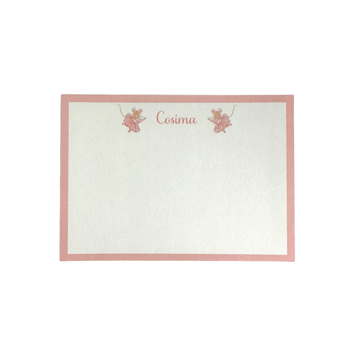 Flat lay of Prima Mouse notecard showcasing a pink border, two dancing mouse illustrations and the personalized name Cosima on off-white cardstock against a white background