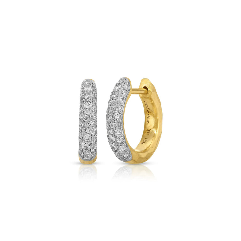 Front and side view of Cobblestone Petite Diamond Hoop earrings showcasing pavé-set micro diamonds on 18K yellow gold with white background