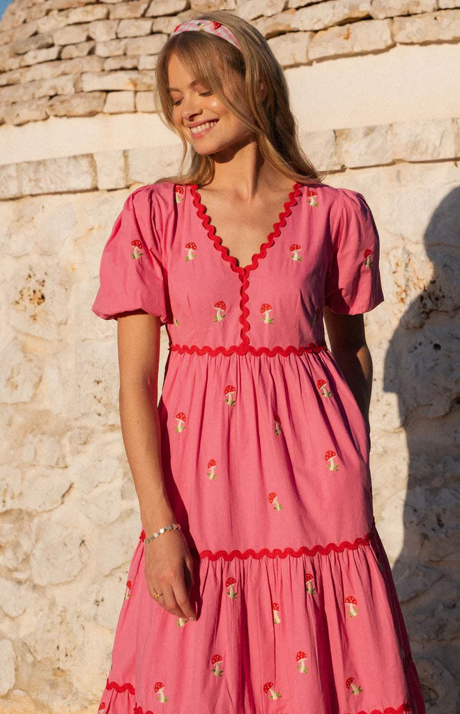 Embroidered Bubblegum Mushroom Jolie Dress