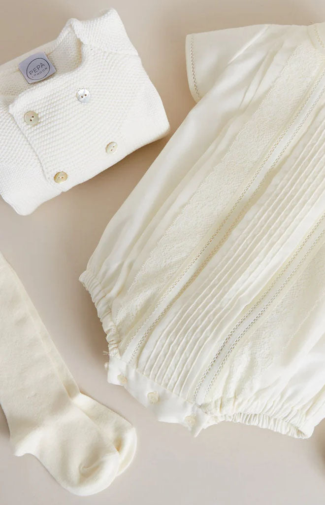 Panelled Christening Romper in Ivory