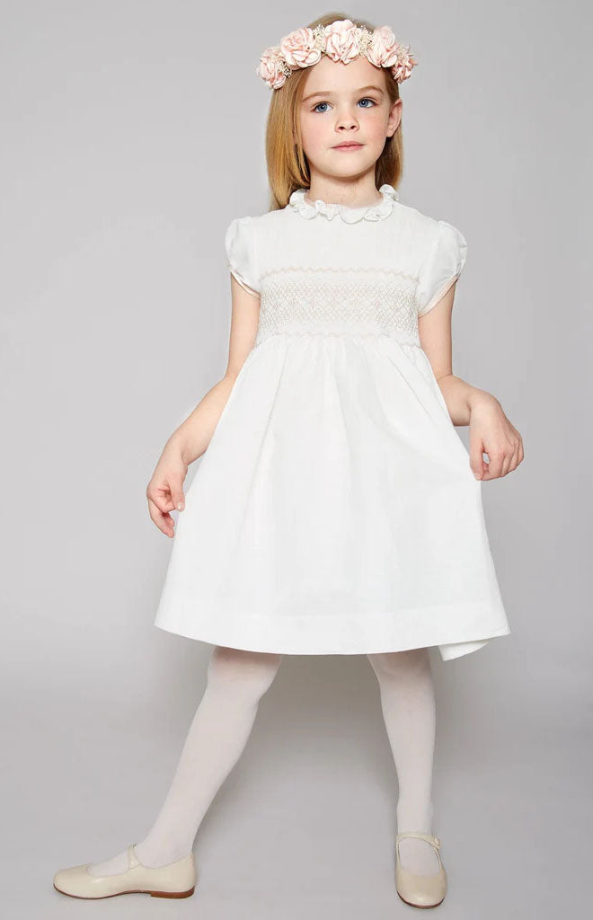 Hand Smocked Occasion Dress in Ivory with Pink Details