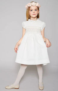 Hand Smocked Occasion Dress in Ivory with Pink Details