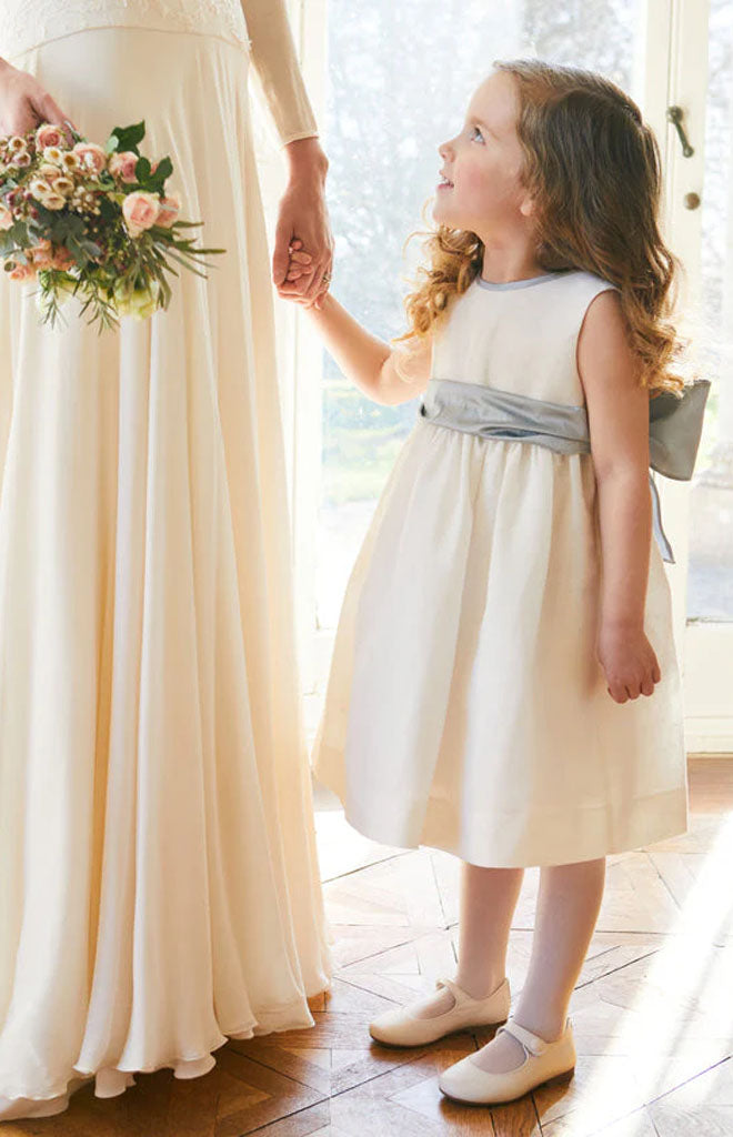 Sleeveless Flower Girl Dress in Ivory with Blue Silk Sash