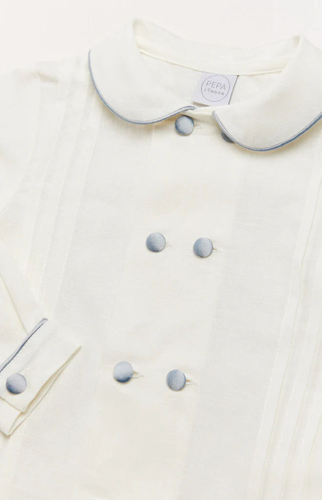Double-Breasted Peter Pan Collar Long Sleeve Shirt with Blue Silk Piping