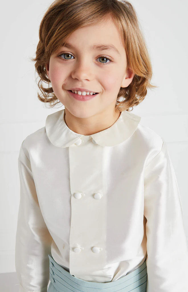 Boy's Double-Breasted Peter Pan Collar Silk Shirt in White