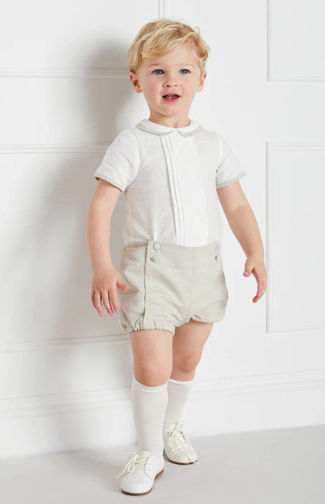 Baby Boy Celebration Bloomers and Linen Shirt Set in Beige