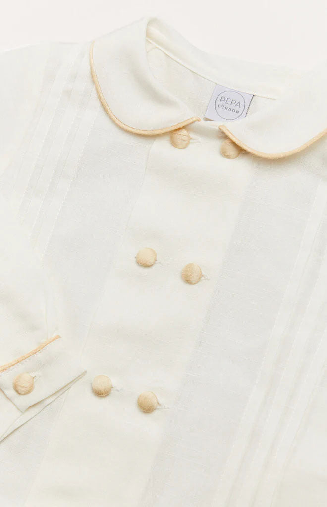 Double-Breasted Peter Pan Collar Long Sleeve Shirt with Beige Silk Piping