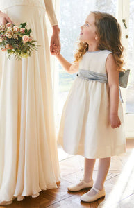 Sleeveless Flower Girl Dress in Ivory with Blue Silk Sash