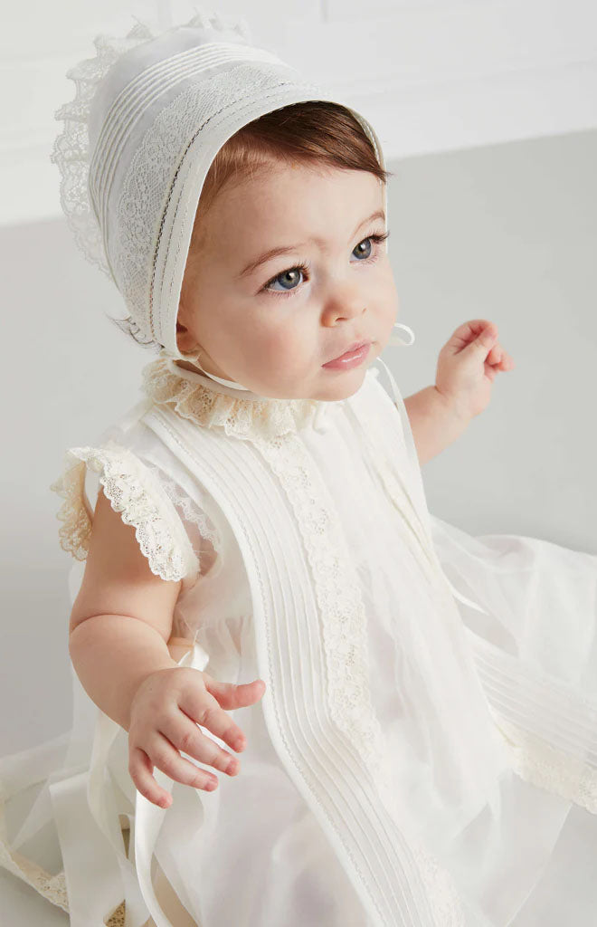 Lace Trim Fine Pleated Dress in Ivory