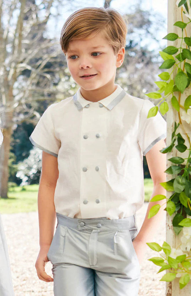 Linen Boys Celebration Shirt in White with Blue Silk piping