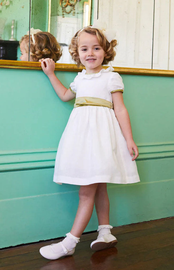 Flower Girl Dress in Ivory with Green Silk Sash