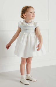Hand Smocked Occasion Dress in Ivory with Blue Details