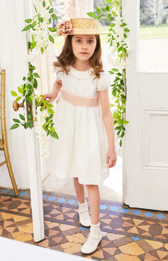 Flower Girl Dress in Ivory with Pink Silk Sash