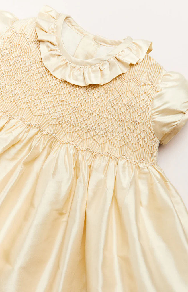 Girls Silk Hand Smocked Celebration Dress in Champagne