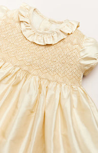 Girls Silk Hand Smocked Celebration Dress in Champagne