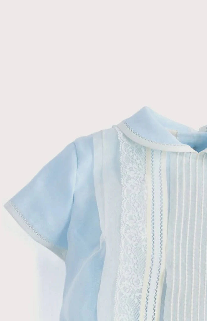 Panelled Christening Romper in Light Blue