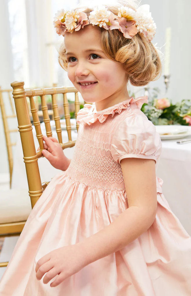 Girls Silk Hand Smocked Celebration Dress in Pink