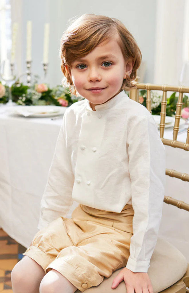Boy's Double-Breasted Mandarin Collar Shirt in White