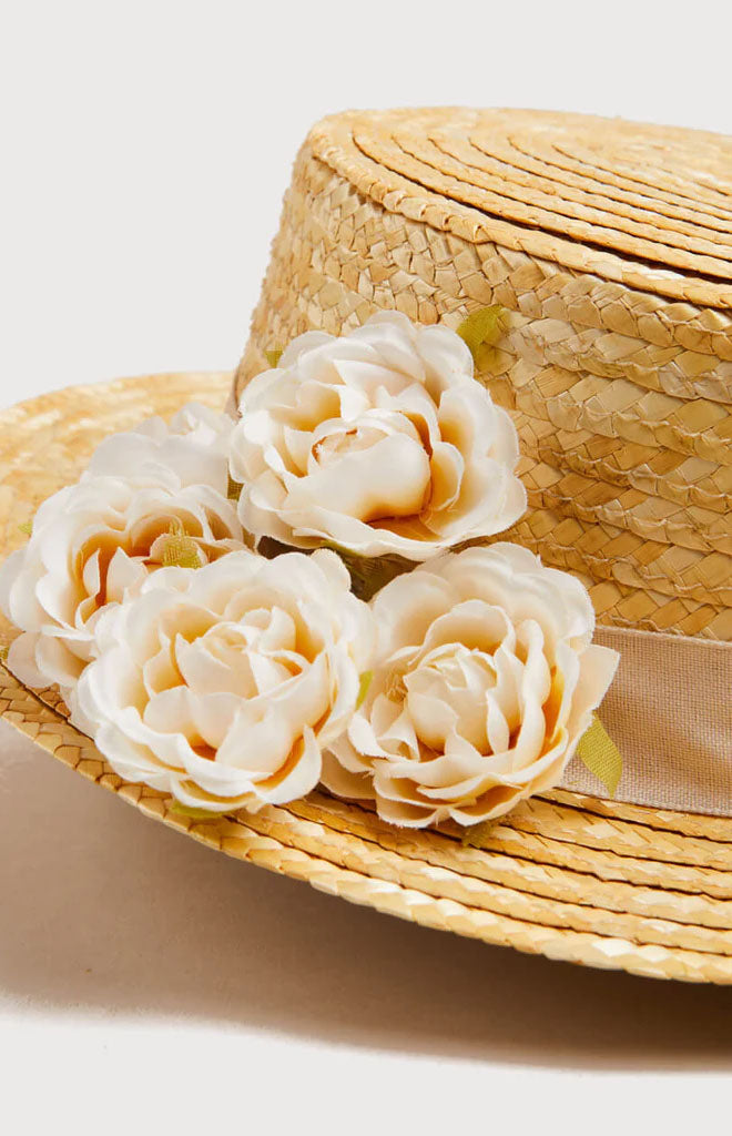 Faux Flower Straw Boater Hat with Ivory Flower