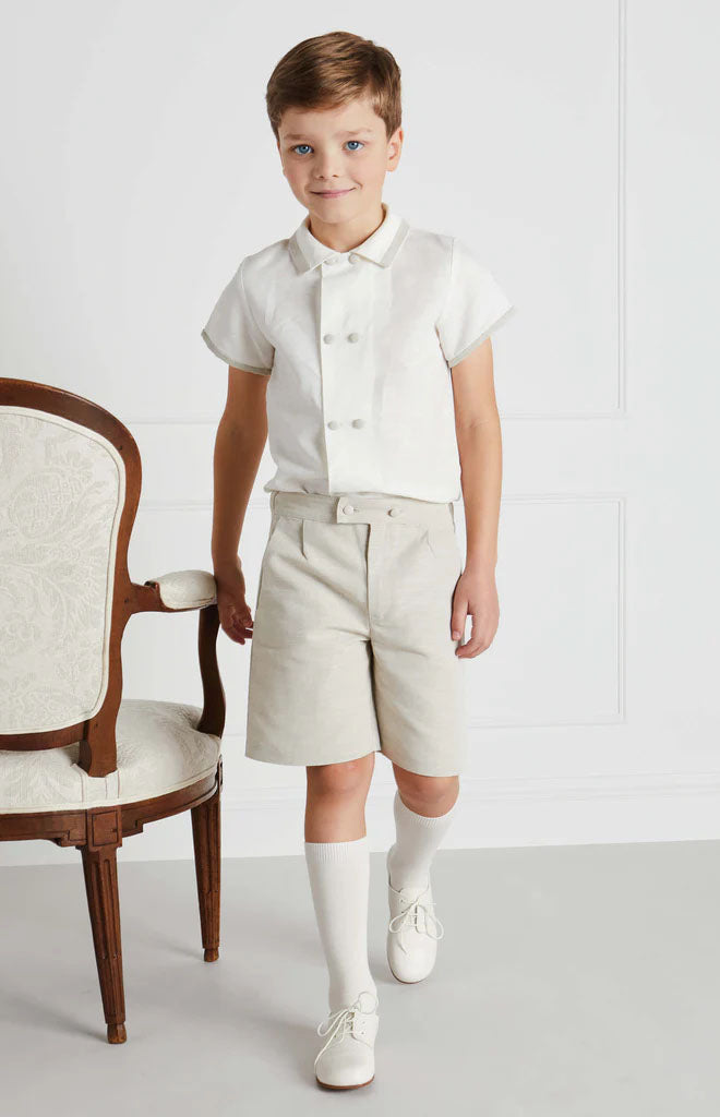 Linen Boys Celebration Shirt in White with Beige Piping