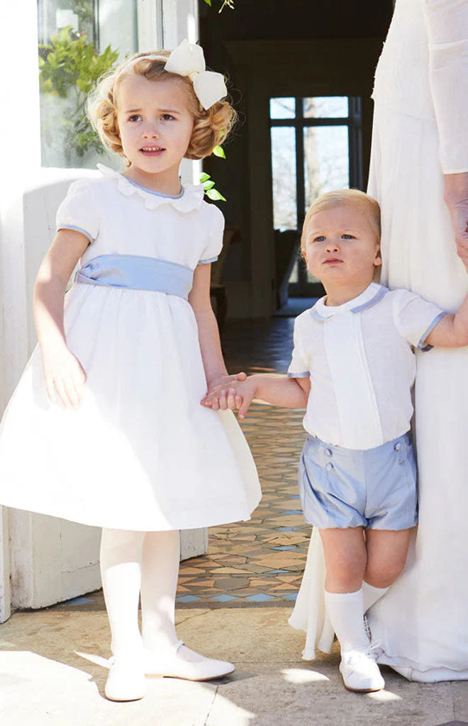 Flower Girl Dress in Ivory with Blue Silk Sash