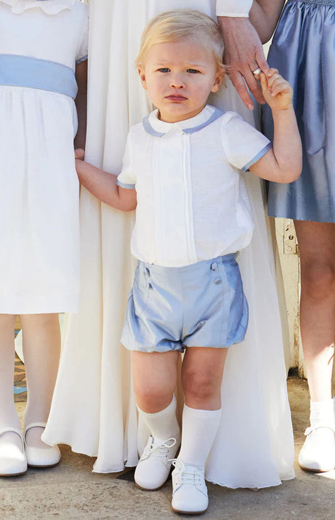 Baby Boy Celebration Bloomers and Linen Shirt Set in Blue Silk