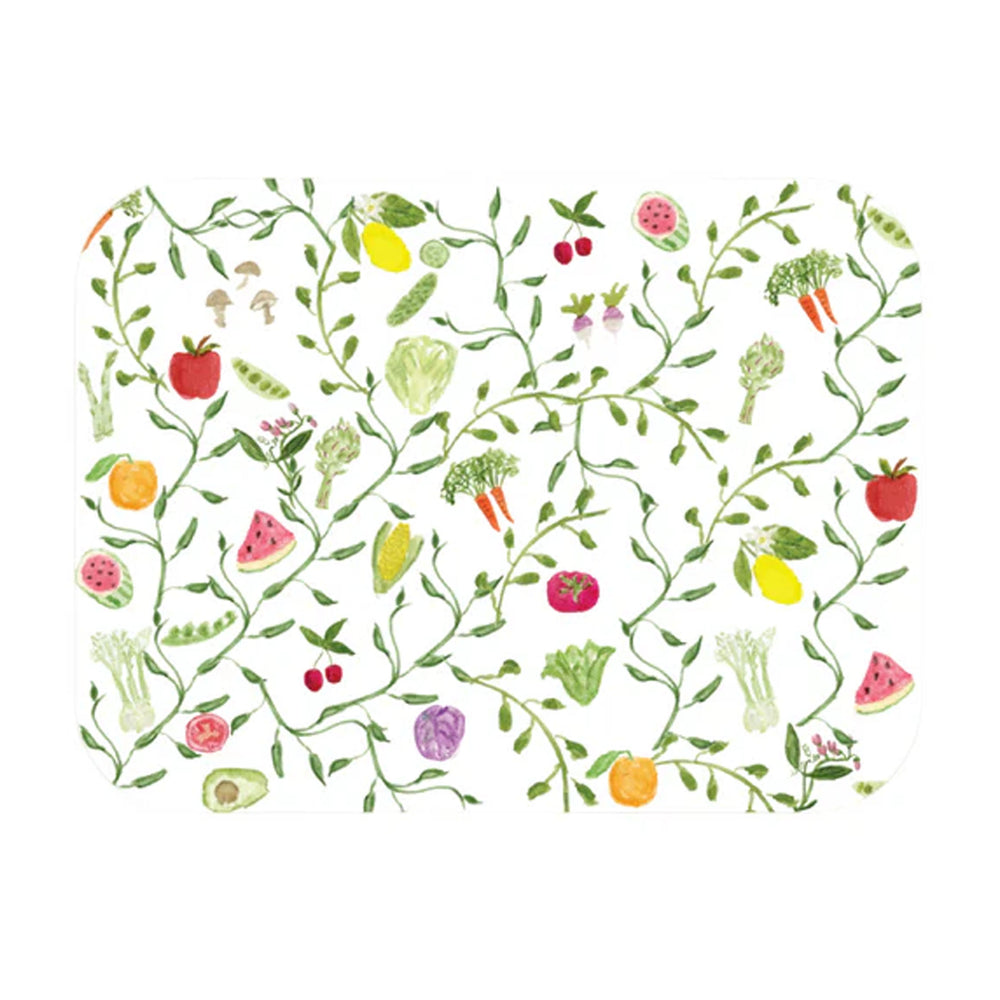 Top-down view of silicone placemat showcasing Harvest Tangle watercolor fruits, vegetables, and vine pattern on white background
