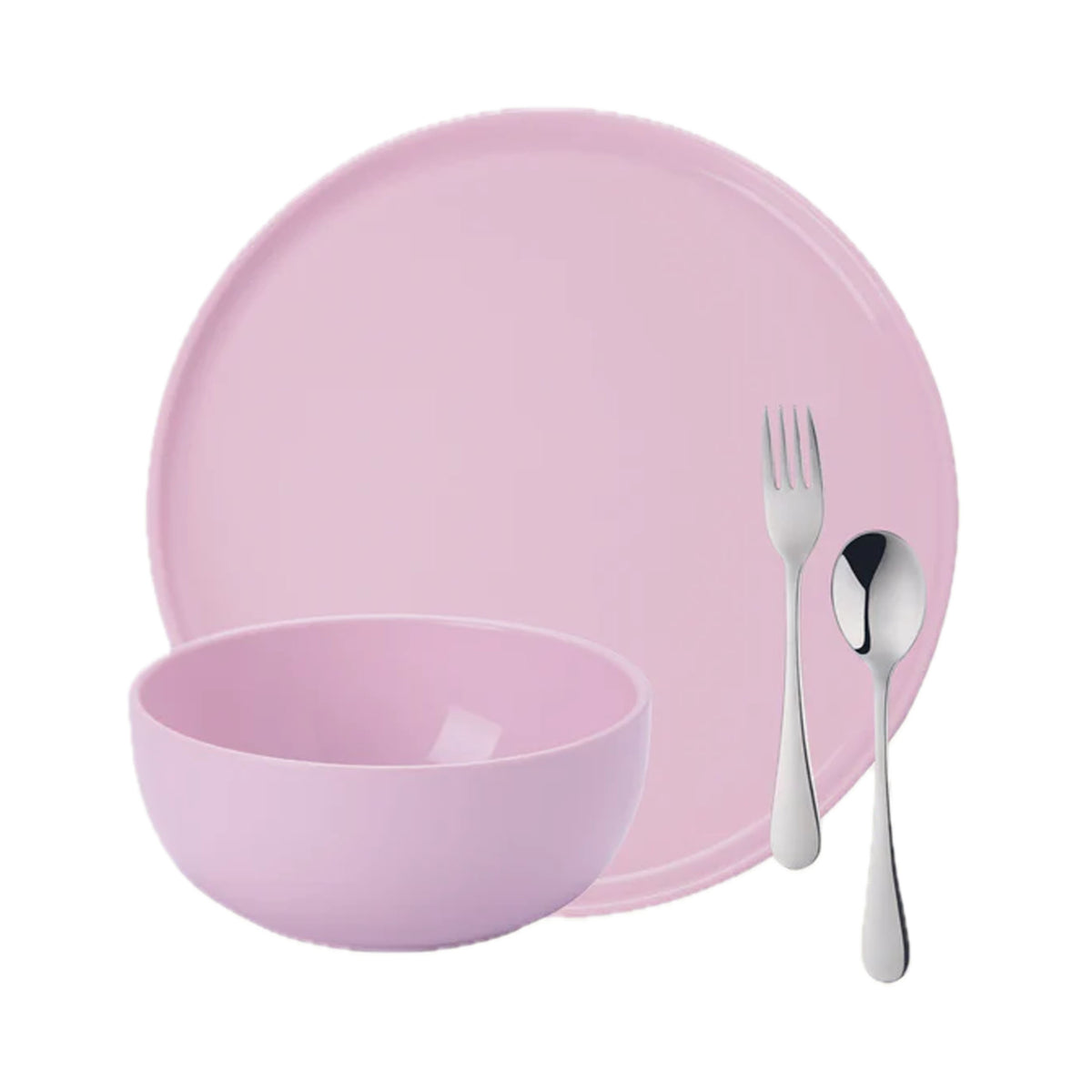 Front view of Complete Dinnerware Set in Pink showcasing a plate, bowl, fork, and spoon with a white background