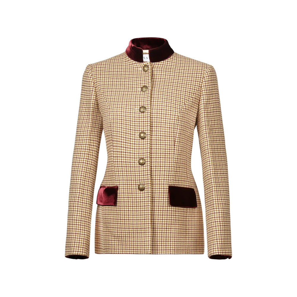 Front view of Camille Apres Midi jacket with houndstooth pattern, gold buttons and burgundy velvet trim on white