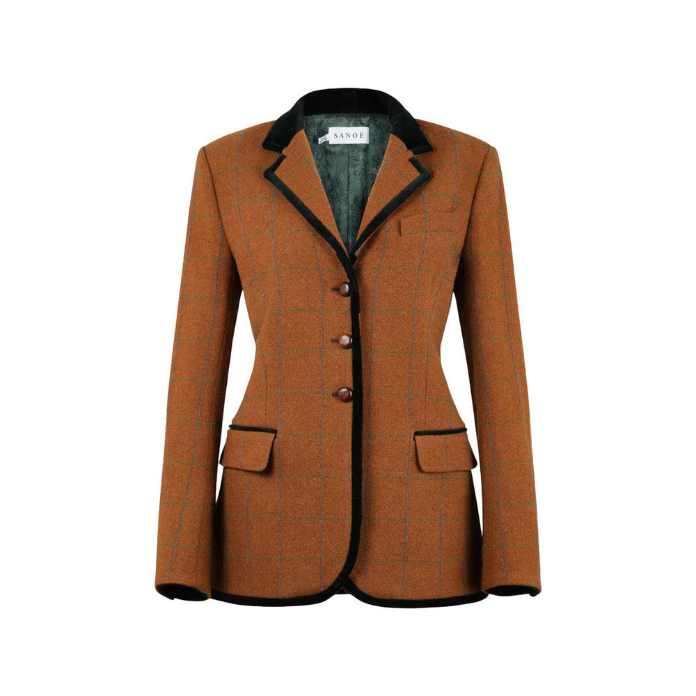 Front view of Victoria Windsor wool blazer with brown windowpane check, black velvet trim, three-button closure