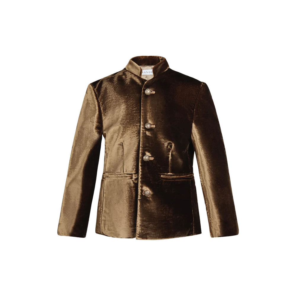Front of Mini Doree children’s jacket in brown velvet with mandarin collar, buttons and welt pockets on white background