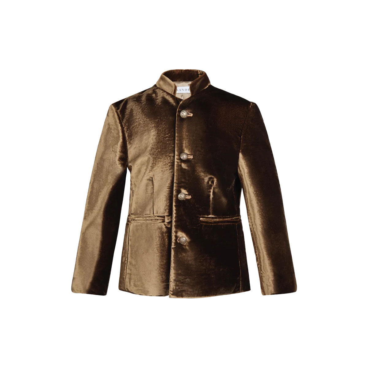Front of Mini Doree children’s jacket in brown velvet with mandarin collar, buttons and welt pockets on white background