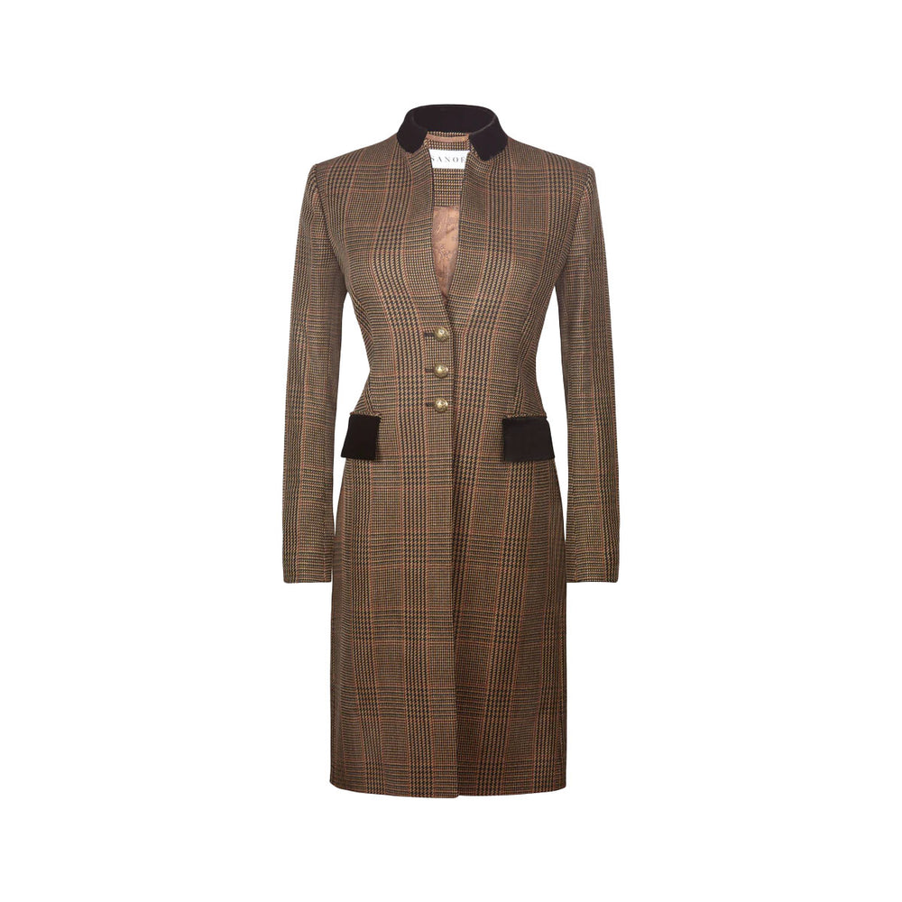 Front view of Bettina Cafe Jacket showcasing fitted waist, high neckline, three gold buttons and velvet collar on white background