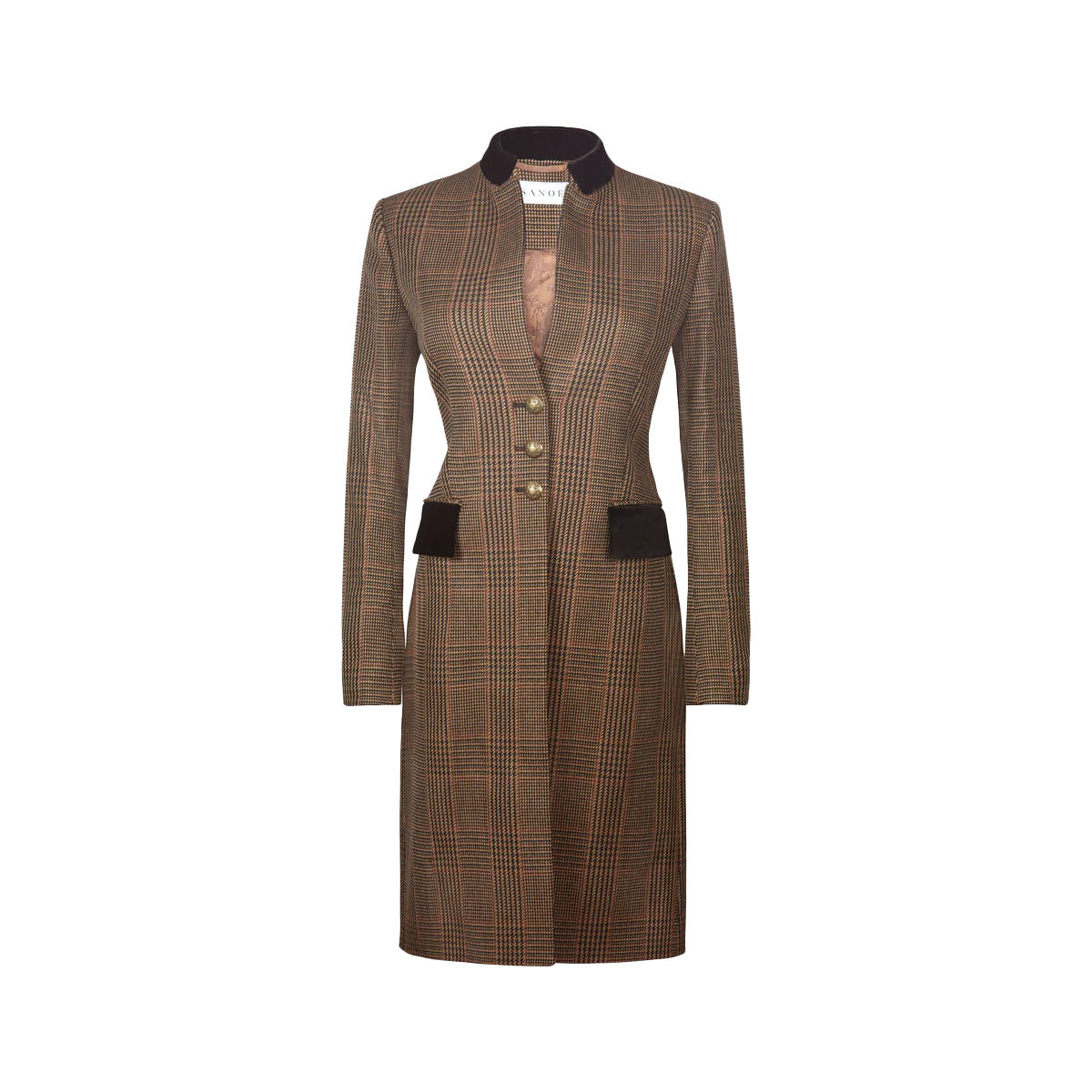 Front view of Bettina Cafe Jacket showcasing fitted waist, high neckline, three gold buttons and velvet collar on white background