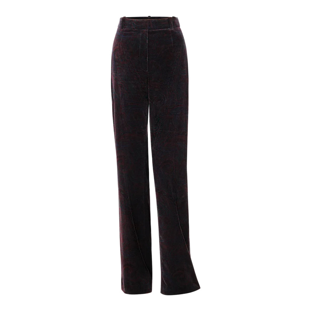 Front view of Lexi Nuit Soiree pants showcasing straight-leg cotton velvet with dark paisley on white background