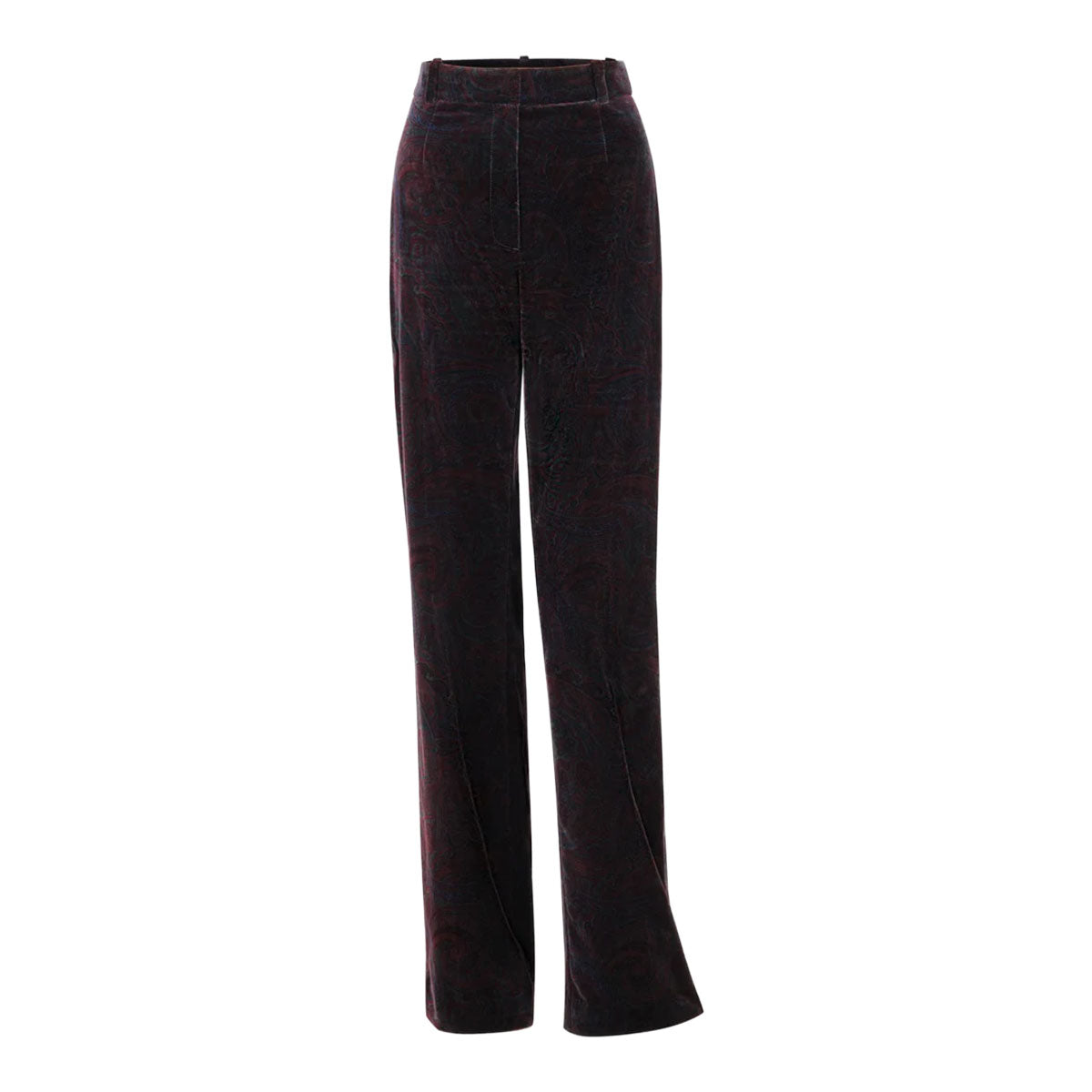 Front view of Lexi Nuit Soiree pants showcasing straight-leg cotton velvet with dark paisley on white background