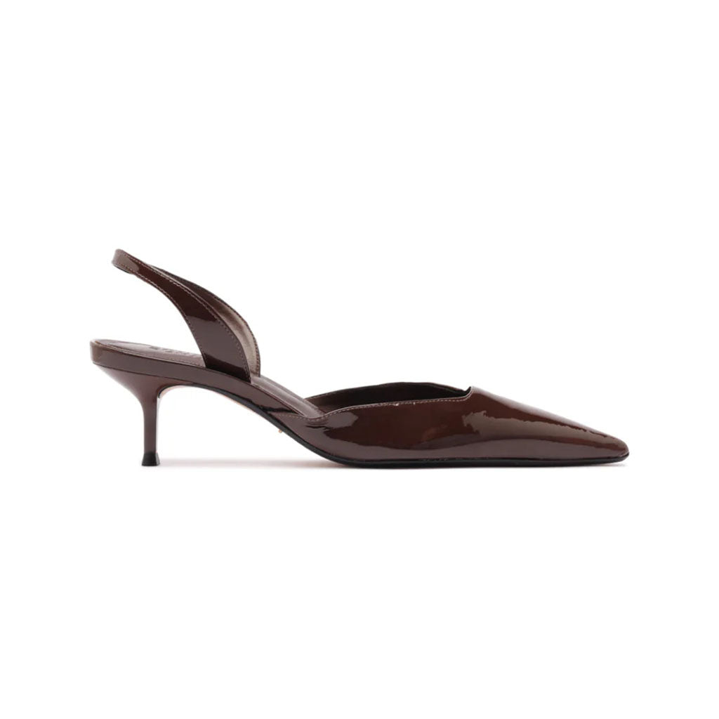 Side view of Paola Mid Patent Pump in Root Brown showcasing its pointed toe, slingback strap, and mid heel on a white background