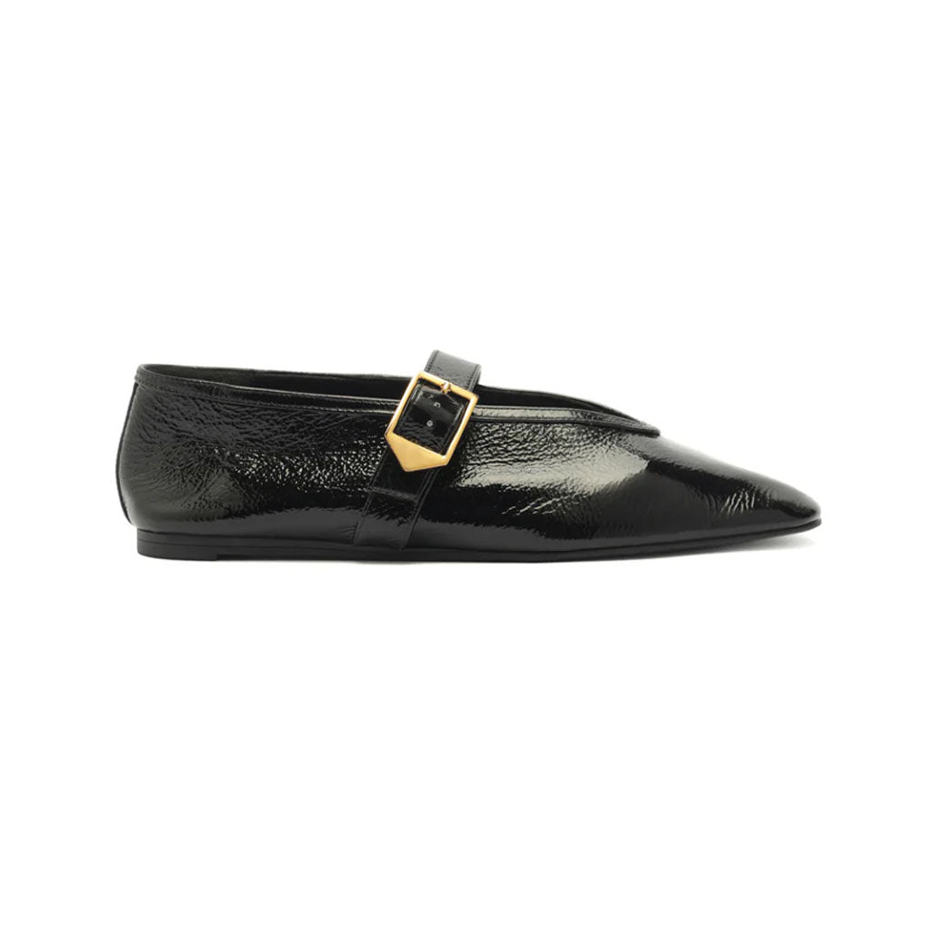 Courtney Buckle Patent Flat in Black