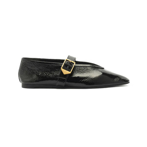 Courtney Buckle Patent Flat in Black
