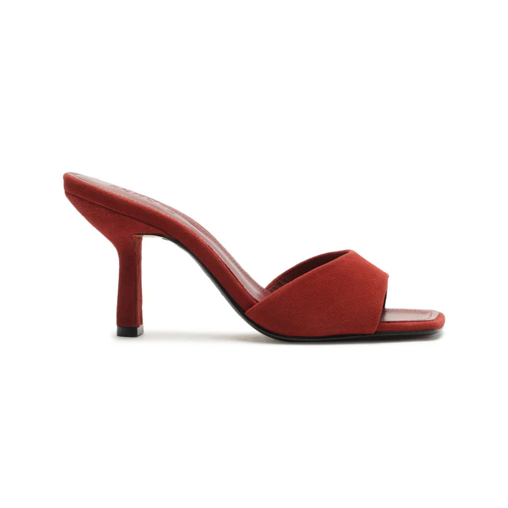 Side view of Posseni Suede Sandal in Red Brown showcasing suede upper, mule silhouette, and angled heel on a white background