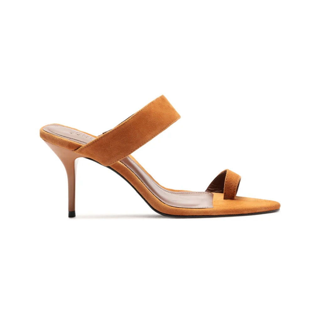 Side view of Melina Suede Sandal in Cuoio Brown showcasing minimal straps and high stiletto heel with white background