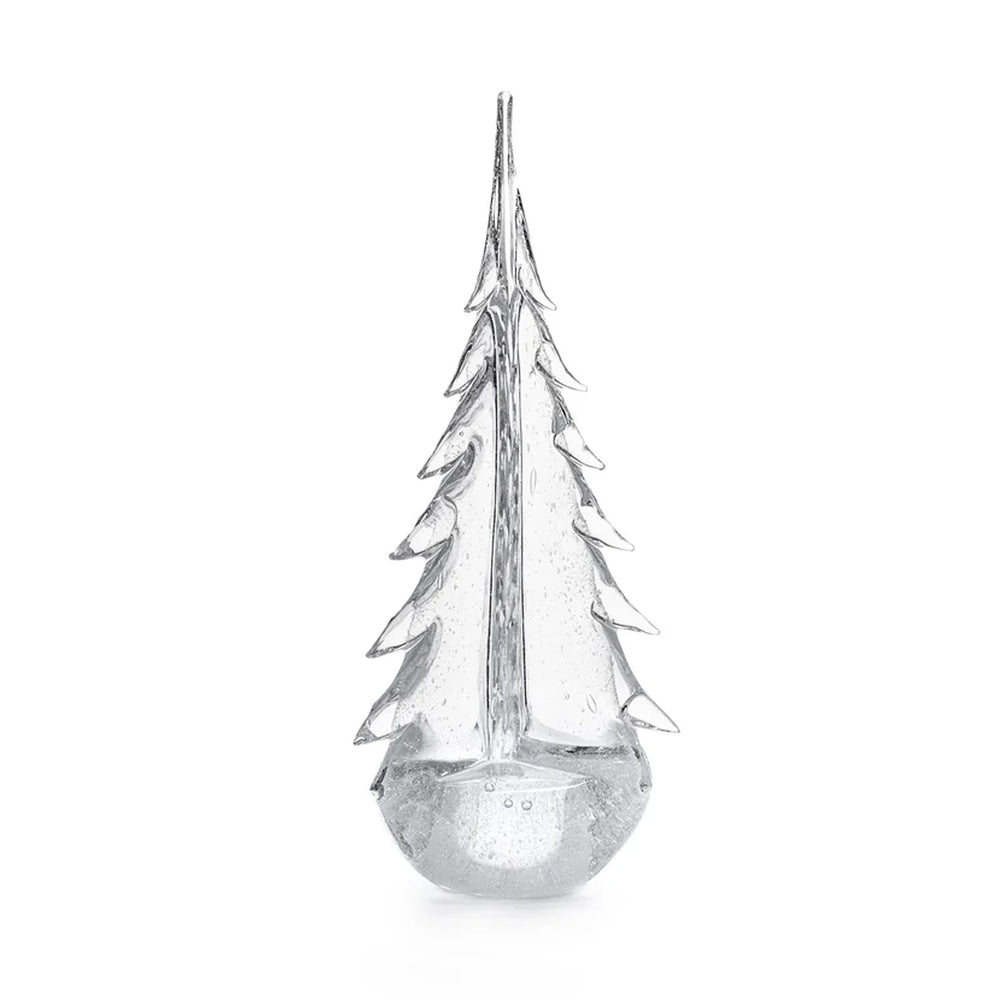 Front view of Vela Evergreen handblown glass tree showing textured branches and bubble base on white background
