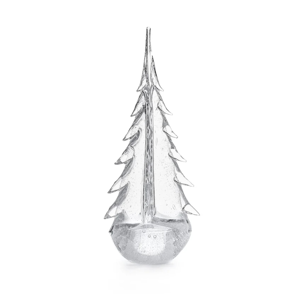 Front view of Vela Evergreen handblown glass tree showing textured branches and bubble base on white background