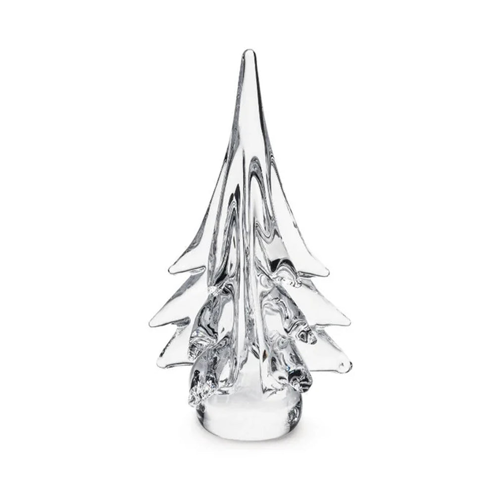 Front view of Spruce Evergreen handblown glass tree showcasing five-sided design and cylindrical base on white background