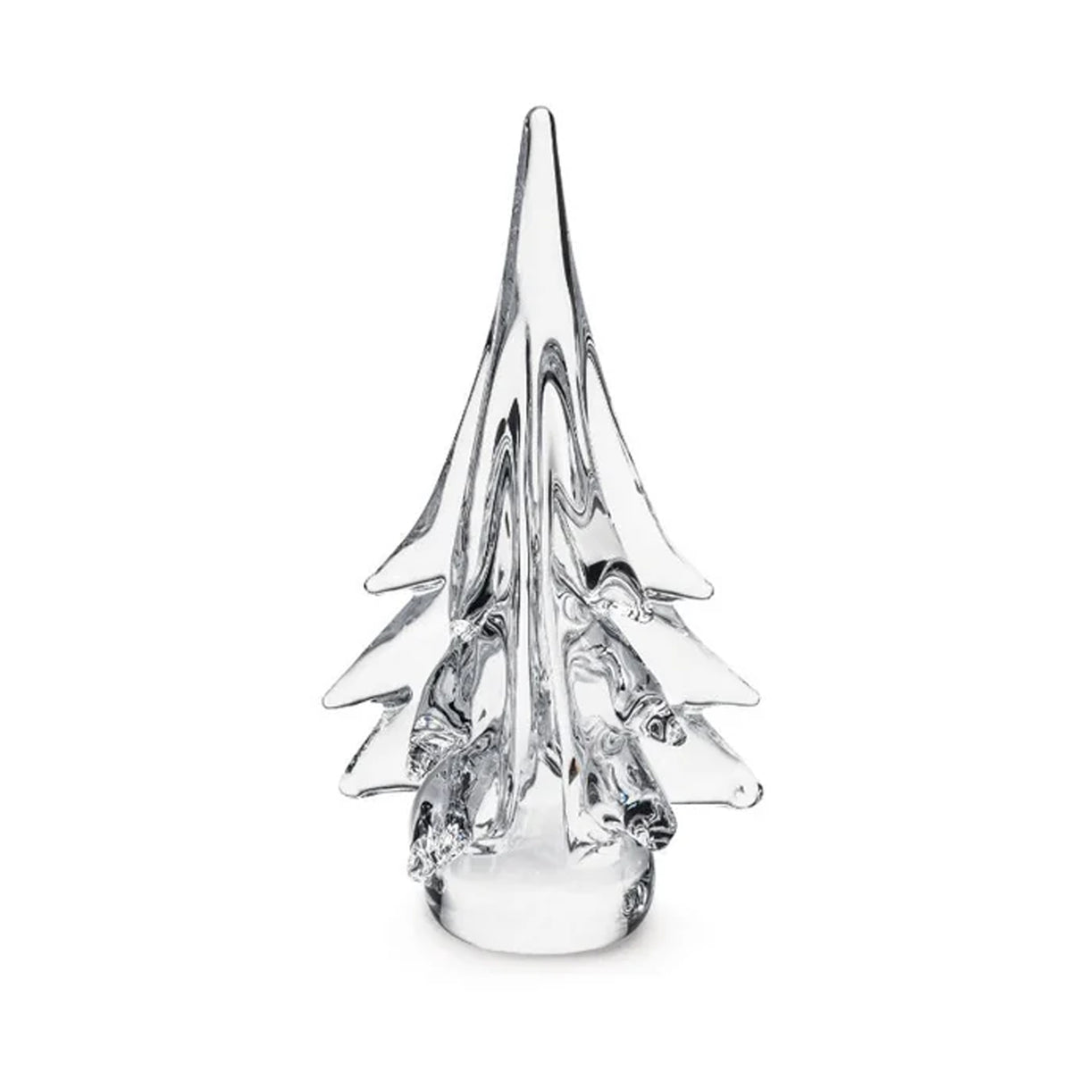 Front view of Spruce Evergreen handblown glass tree showcasing five-sided design and cylindrical base on white background